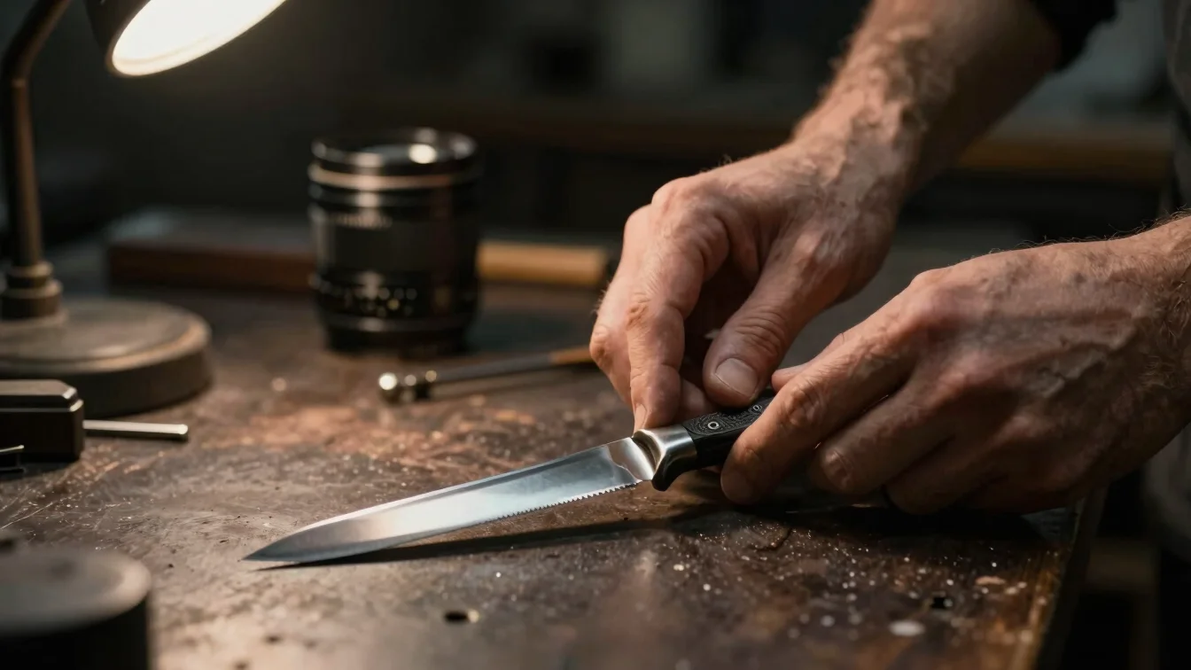 Close-up of a craftsman's hands inspecting a finished blade on a