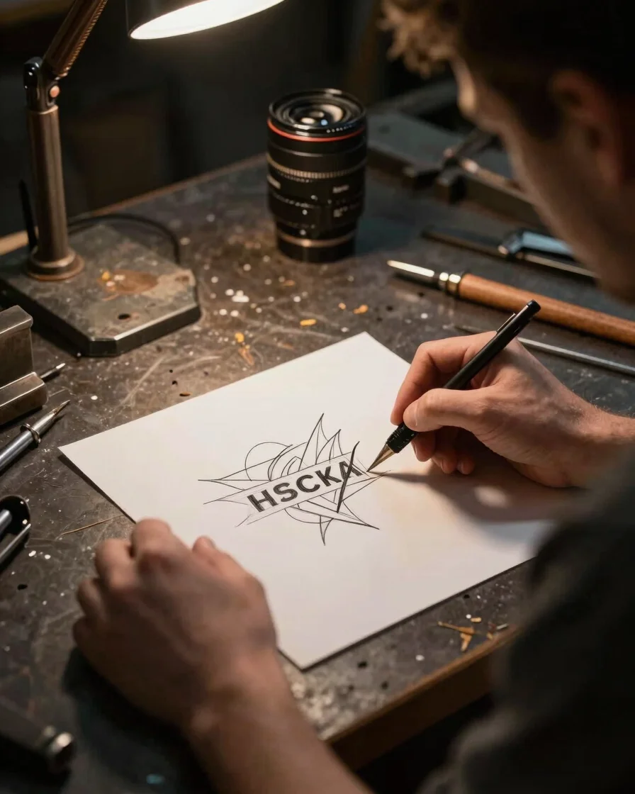Over-the-shoulder shot of a craftsman sketching blade designs on a dark industrial workbench, focused warm desk lighting
