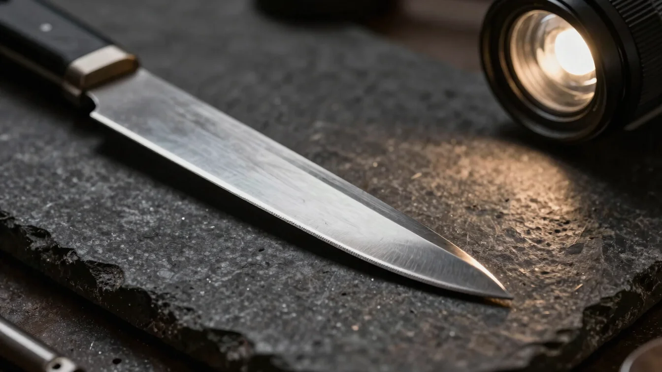 Macro close-up of a hand-finished steel blade edge on a dark ston
